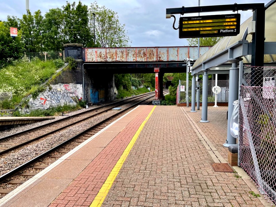 Platform 2 at Drayton Green station, northwards, 2021