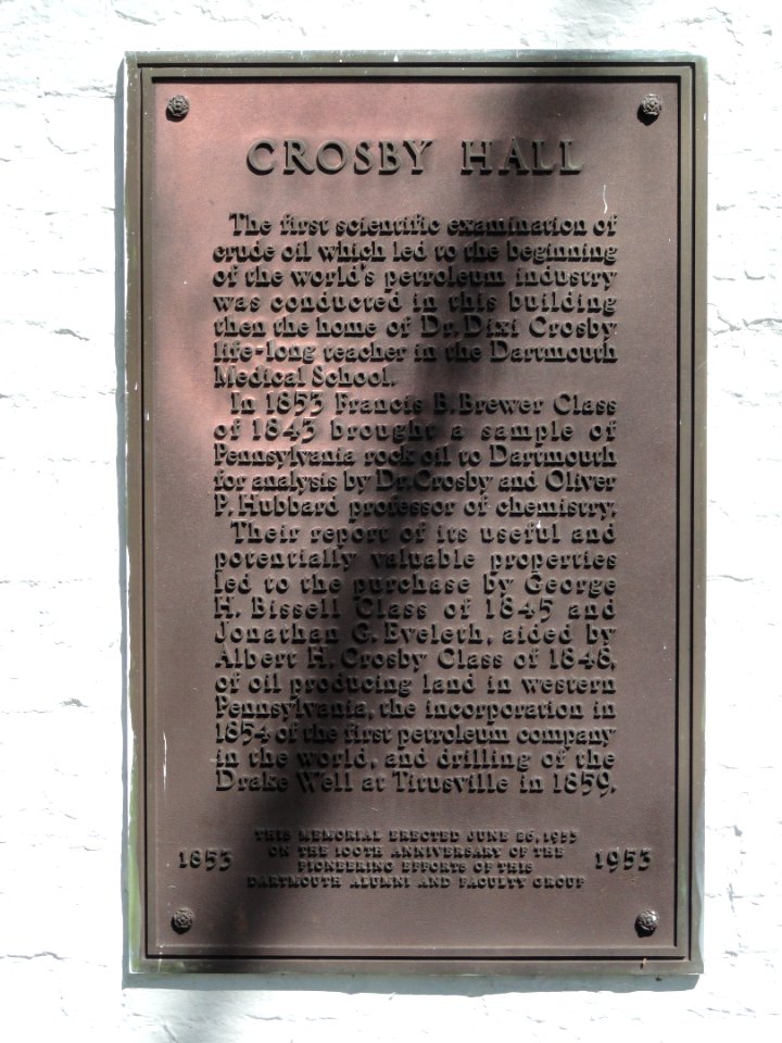 Plaque commemorating the beginning of the petroleum industry - Crosby Hall, Dartmouth College - DSC09071