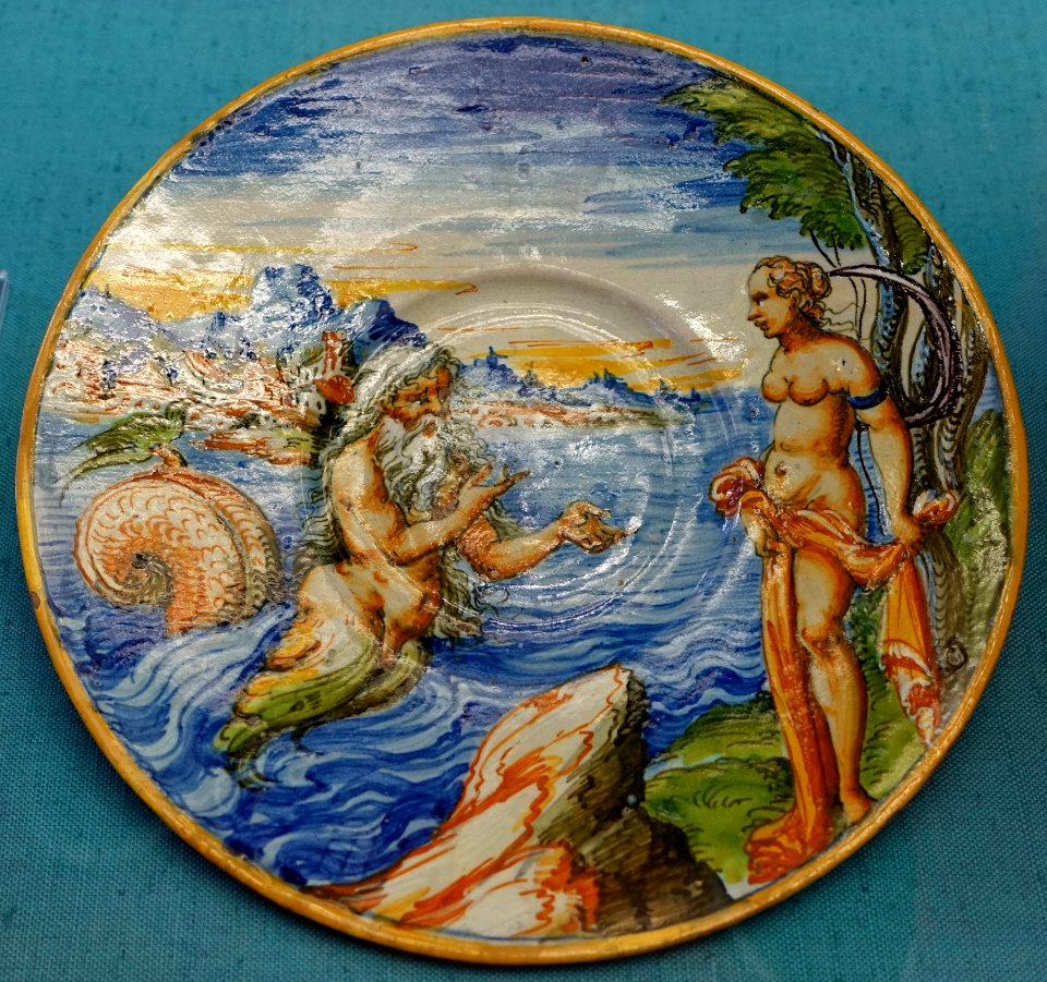 Plate with Glaucus and Scylla, Urbino, c. 1570, maiolica - Germanisches Nationalmuseum - Nuremberg, Germany - DSC03161