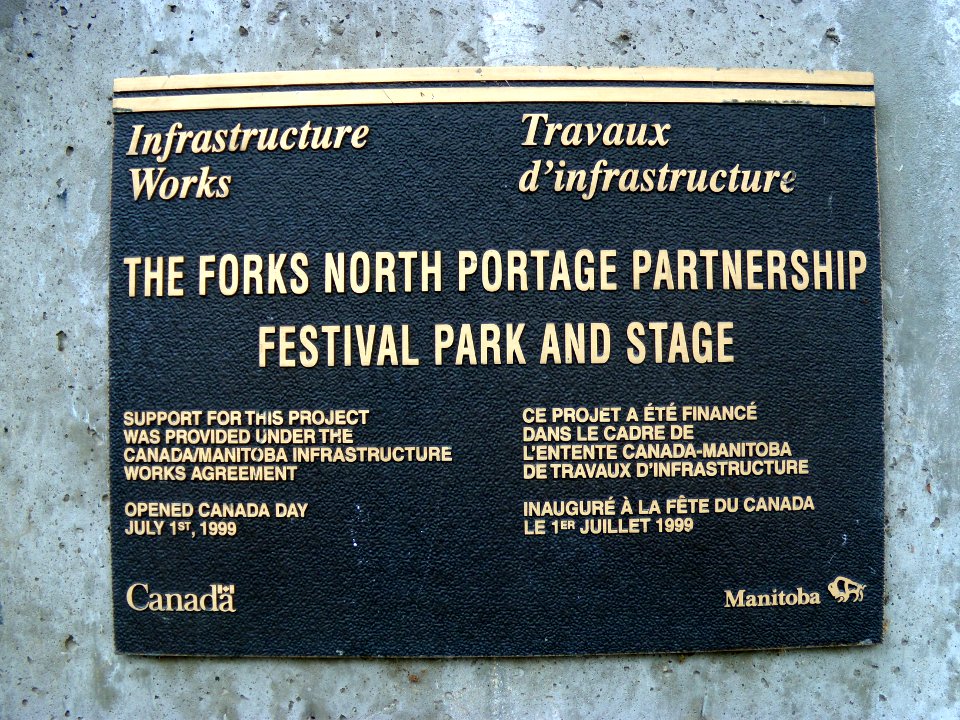 Plaque for the Forks North Portage Partnership Festival Park and Stage