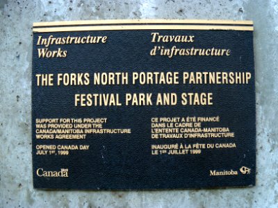Plaque for the Forks North Portage Partnership Festival Park and Stage photo