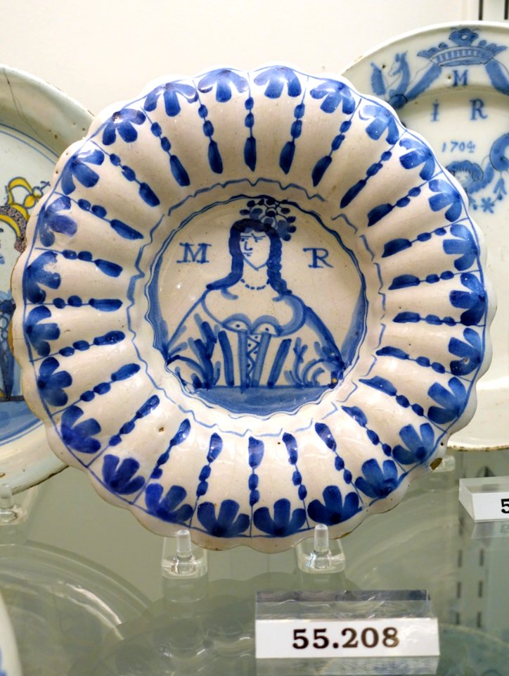 Plate with Queen Mary, London, England, 1689-1694, tin-glazed earthenware, HD 55.208, tin-glazed earthenware, HD 91.176 - Flynt Center of Early New England Life - Deerfield, Massachusetts - DSC04373