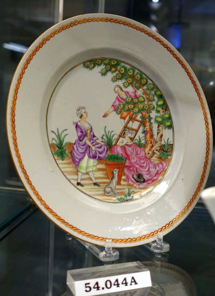 Plate with Cherry Pickers after Pierre-Antoine Baudouin, China, c. 1780, porcelain, overglaze enamels, gilt, HD 54.044A - Flynt Center of Early New England Life - Deerfield, Massachusetts - DSC04801