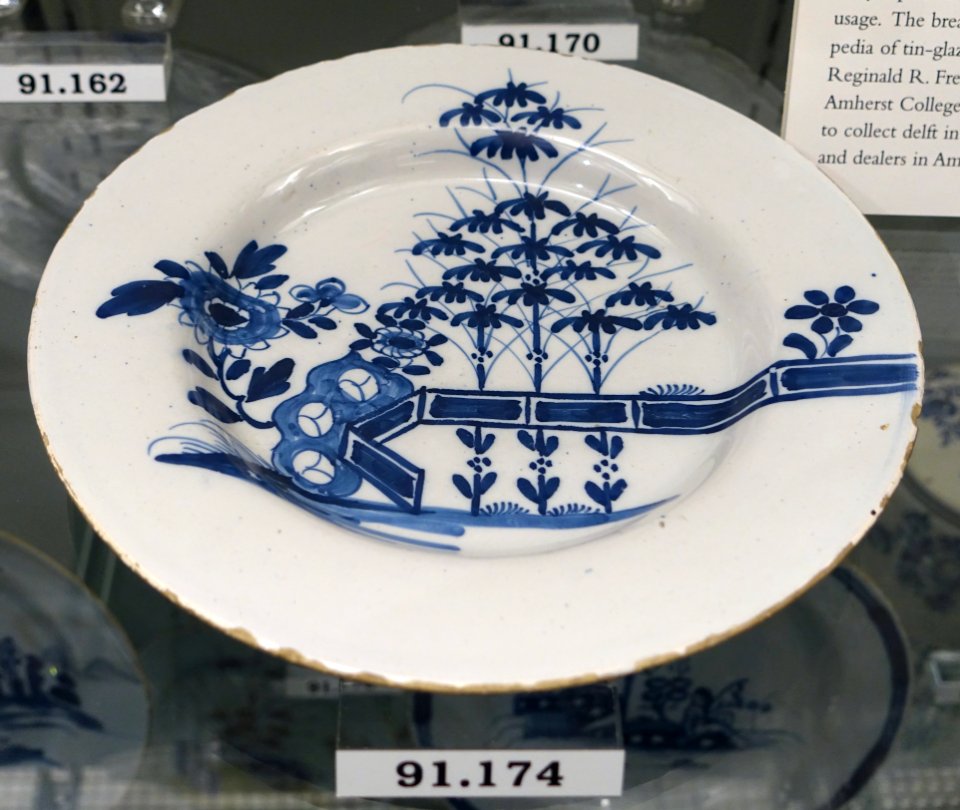 Plate, Liverpool, England, 1750-1765, tin-glazed earthenware, item HD 91.174 - Flynt Center of Early New England Life - Deerfield, Massachusetts - DSC04311