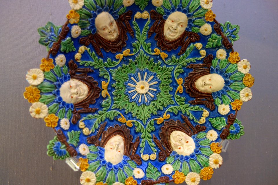 Plate, mask decorations, after Bernard Palissy, France, 1500s, glazed earthenware - California Palace of the Legion of Honor - DSC07652