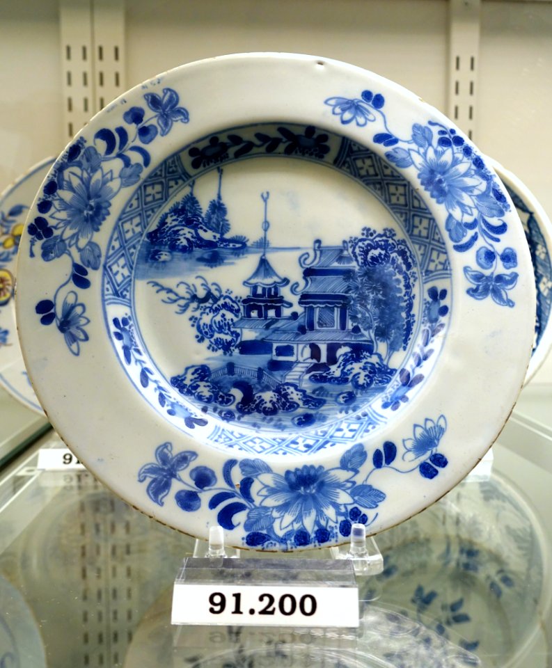 Plate, probably Dublin, Ireland, or possibly Liverpool, England, c. 1760, tin-glazed earthenware, HD 91.200 - Flynt Center of Early New England Life - Deerfield, Massachusetts - DSC04349