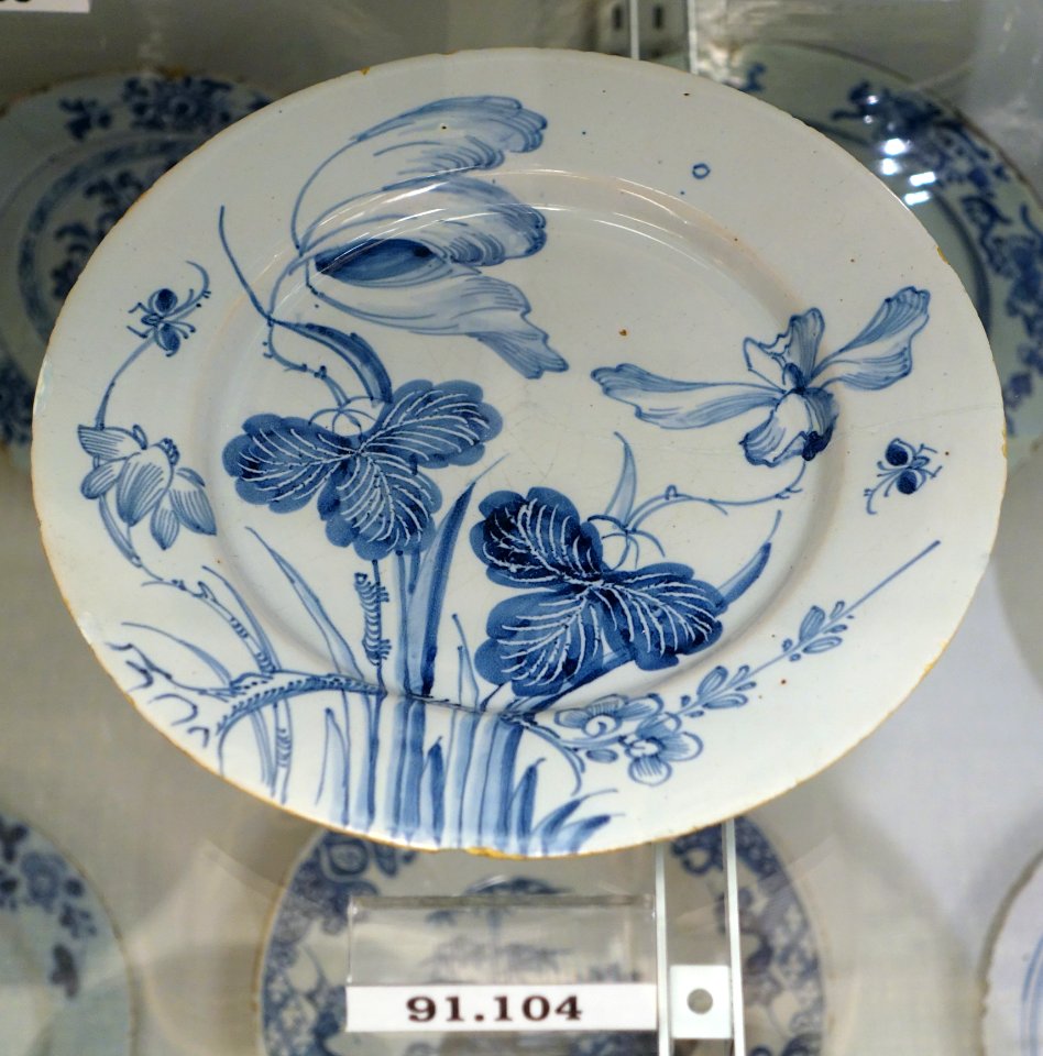Plate, probably Delftfield Factory, Glasgow, Scotland, c. 1760, tin-glazed earthenware, item HD 91.104 - Flynt Center of Early New England Life - Deerfield, Massachusetts - DSC04279