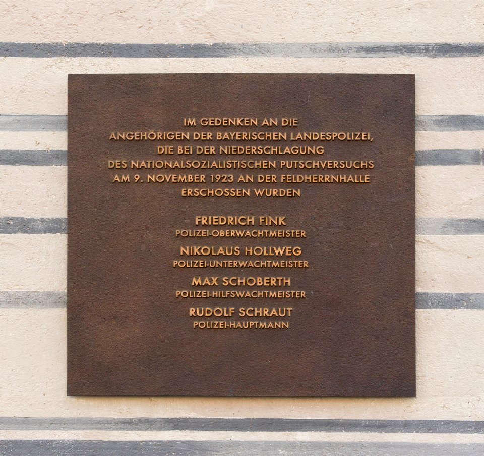 Plaque remembering Police victims Hitlers 1923 putsch Feldherrnhalle Munich