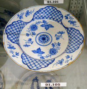Plate, England, possibly London, 1765-1775, tin-glazed earthenware, item HD 91.105 - Flynt Center of Early New England Life - Deerfield, Massachusetts - DSC04281