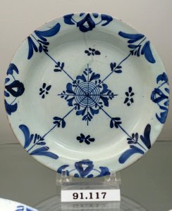 Plate, England, probably Bristol, 1760-1770, tin-glazed earthenware, item HD 91.117 - Flynt Center of Early New England Life - Deerfield, Massachusetts - DSC04259