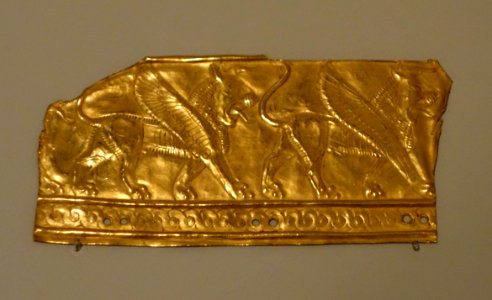 Plaque, probably a clothing attachment, Northern Iran, possibly from Ziwiyeh, 8th or 7th century BC, hammered gold with repousse and chased decoration - Cincinnati Art Museum - DSC03930