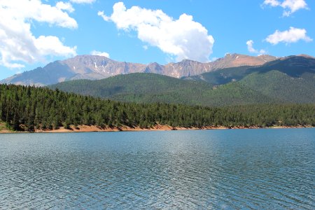 Pikes Peak viewed from Crystal Creek Reservoir, July 2016