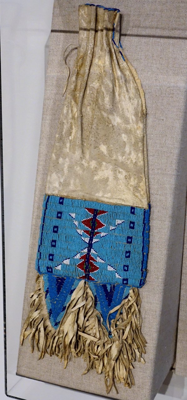 Pipe bag owned by Chief One Bull, Yanktonia Lakota, Standing Rock Reservation, North and South Dakota, late 19th to early 20th century, hide, sinew, glass - Spurlock Museum, UIUC - DSC05929