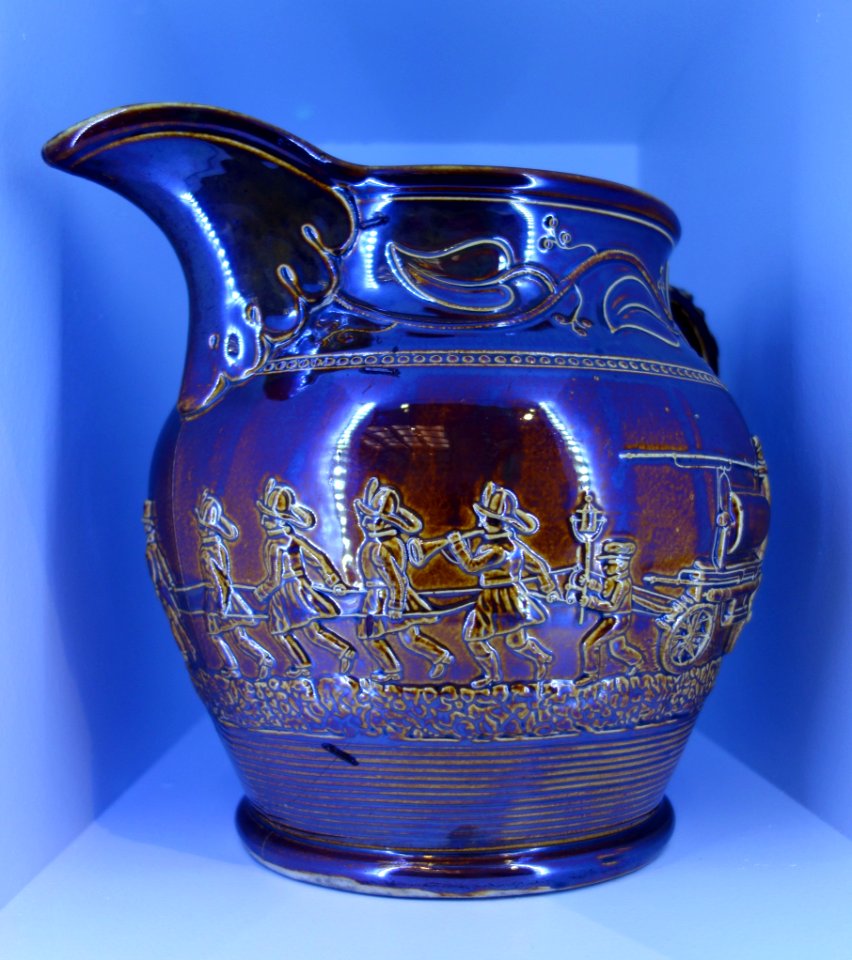 Pitcher with firemen, Salamander Works, New York City, c. 1840, earthenware - Brooklyn Museum - Brooklyn, NY - DSC08352