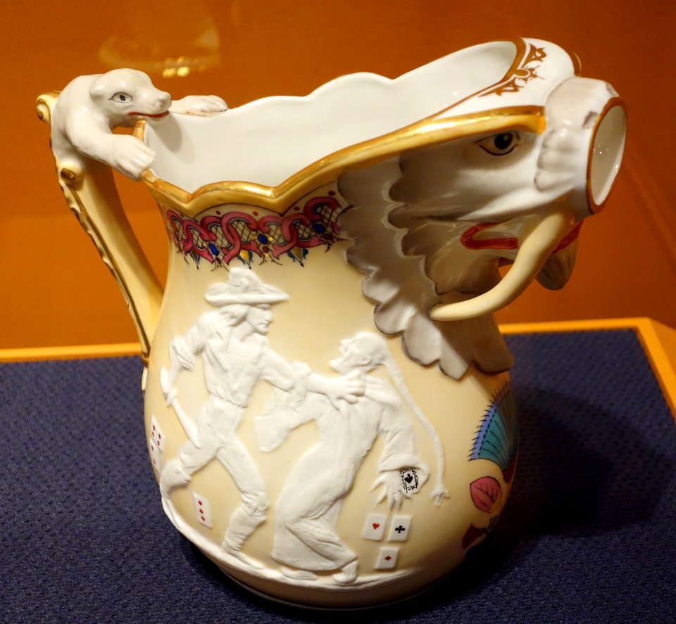 Pitcher with Heathen Chinee and Gambrinus, designed by Karl L. H. Mueller, Union Porcelain Works, Greenpoint, Brooklyn, c. 1875, porcelain - Brooklyn Museum - DSC09619
