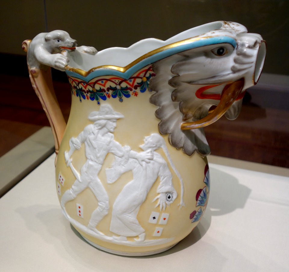 Pitcher with King Gambrinus offering beer to Brother Jonathan and Plain Language from Truthful James (this side), Karl L. H. Muller designer, Union Porcelain Works, 1877-c.1886 - Cincinnati Art Museum - DSC04472