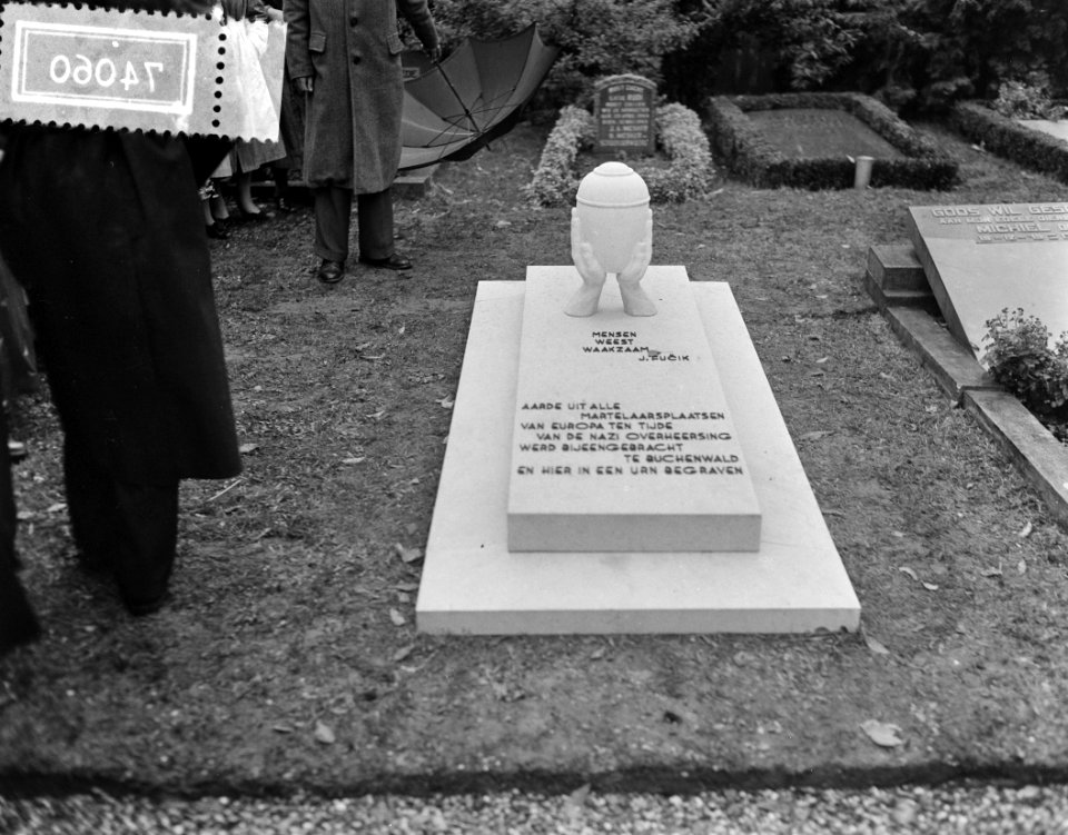 Plaatsing van de urn met as van de onbekende Nederlander bij het Buchenwald-Monu, Bestanddeelnr 907-4060