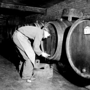 Plaatsen van een aftapkraan in een wijnvat in de kelder van Richard Scheid, Bestanddeelnr 254-4228