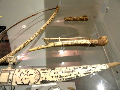 Pipes, carved ivory, Southwest Alaska Eskimo (center), c. 1900, and Bering Strait Eskimo (bottom), early 1800s - Native American collection - Peabody Museum, Harvard University - DSC05639