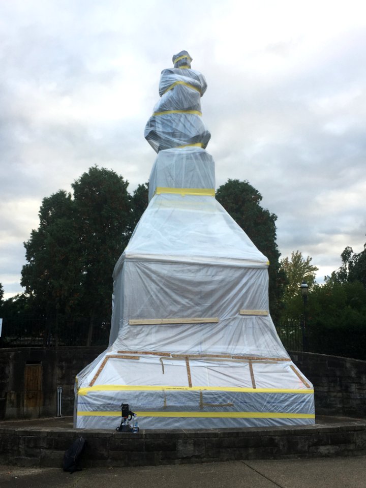 Pittsburgh Christopher Columbus monument wrapped