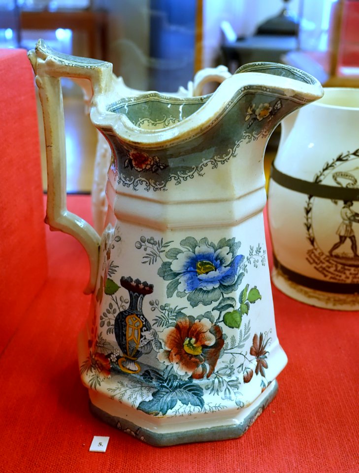 Pitcher, England, c. 1840-1860, ceramics with transferware - Old Colony History Museum - Taunton, Massachusetts - DSC03863