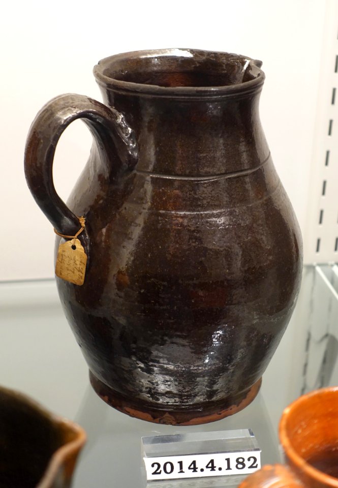 Pitcher, American. c. 1840, lead-glazed redware, item HD 2014.4.182 - Flynt Center of Early New England Life - Deerfield, Massachusetts - DSC04111