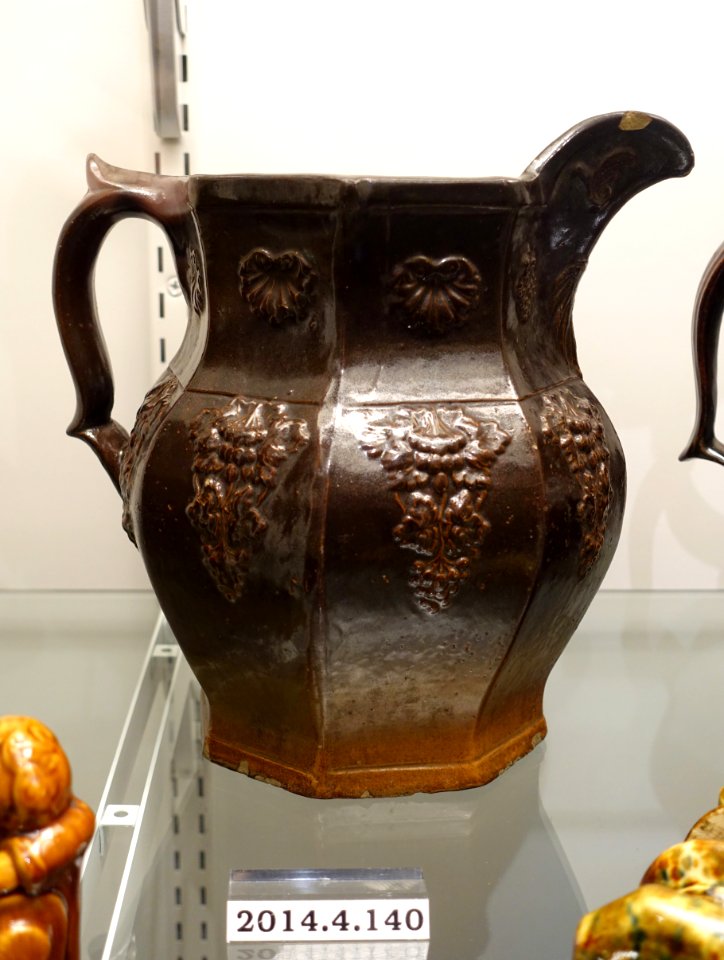 Pitcher by Sidney Risley, Norwich CT, 1855-1875, salt-glazed stoneware, Rockingham glaze, item HD 2014.4.140 - Flynt Center of Early New England Life - Deerfield, Massachusetts - DSC04177