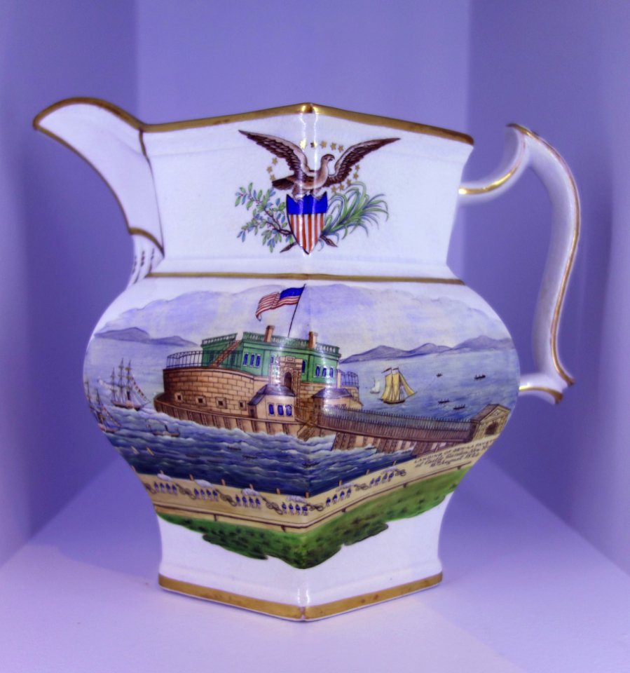 Pitcher, Landing of General Lafayette at Castle Garden, New York, 16th of August, 1824, attrib. Jersey City Pottery Co., c. 1850, earthenware - Brooklyn Museum - Brooklyn, NY - DSC08322