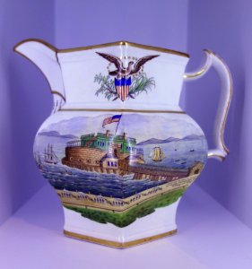 Pitcher, Landing of General Lafayette at Castle Garden, New York, 16th of August, 1824, attrib. Jersey City Pottery Co., c. 1850, earthenware - Brooklyn Museum - Brooklyn, NY - DSC08322