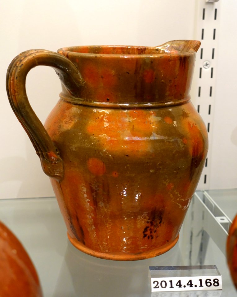 Pitcher, Pennsylvania, c. 1860, lead-glazed redware, item HD 2014.4.178 - Flynt Center of Early New England Life - Deerfield, Massachusetts - DSC04135