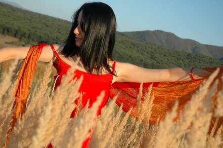 Nature red dress field photo