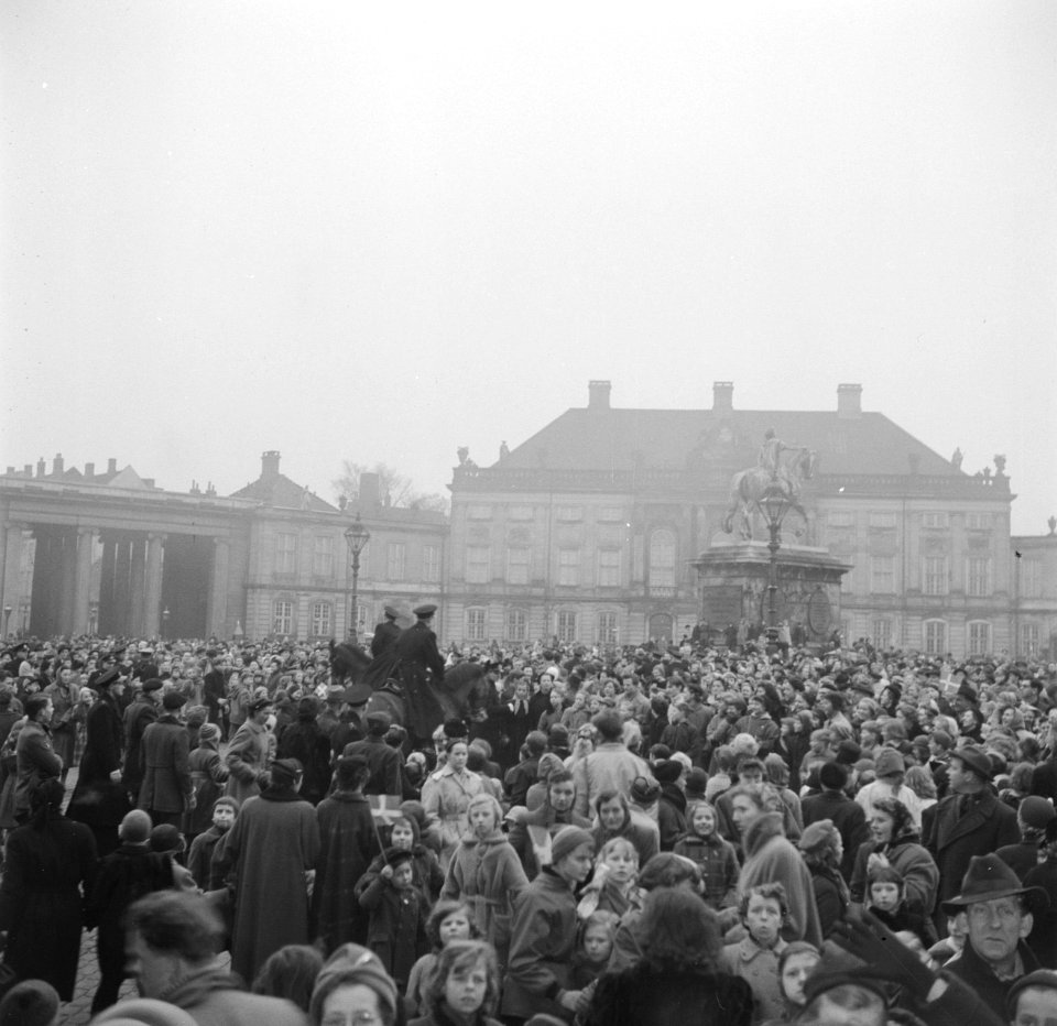 Politie bij de toeschouwers op het plein van Slot Amalienborg ter ere van de ver, Bestanddeelnr 252-8669