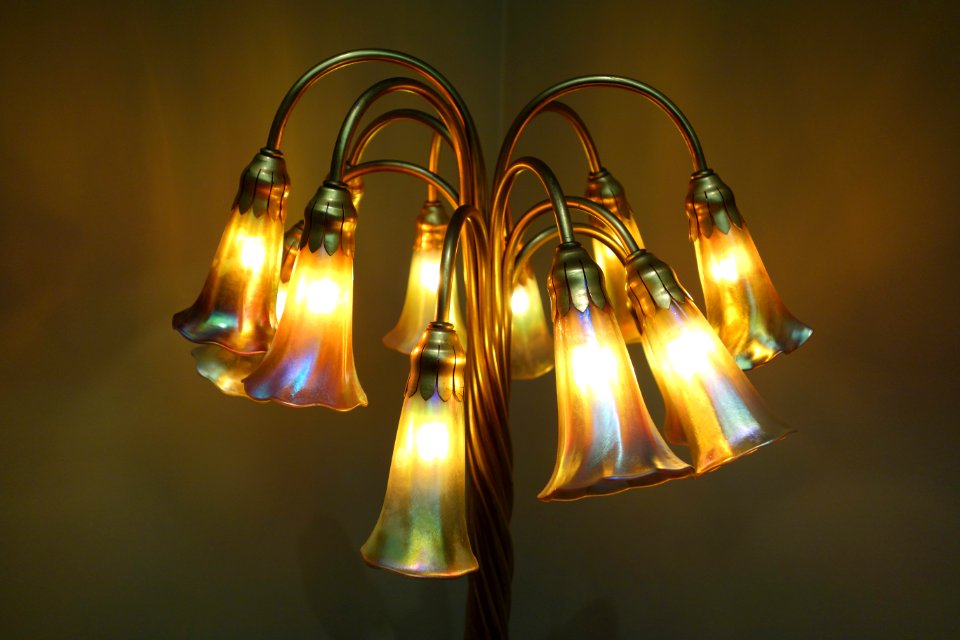 Pond Lily Lamp, Tiffany Studios, Louis Comfort Tiffany designer, c. 1906-1910, bronze and glass, view 2 - Cincinnati Art Museum - DSC04516