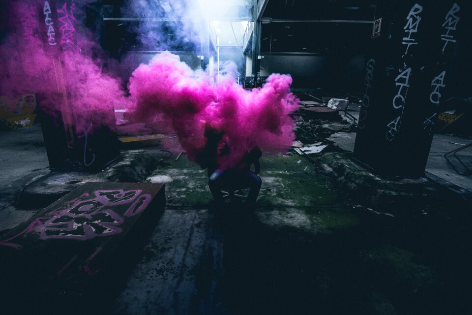 Indoors dark blue smoke