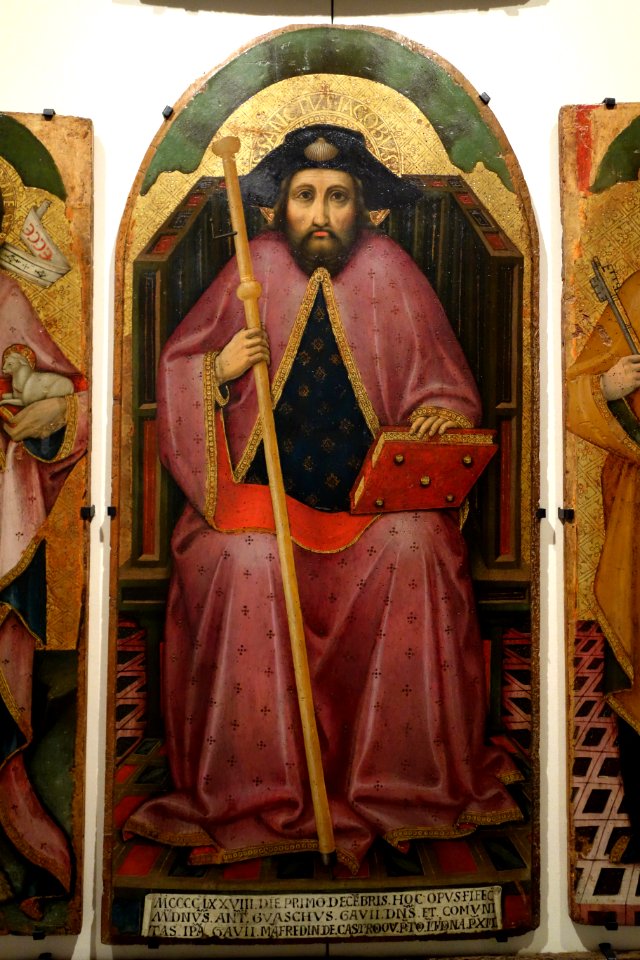 Polyptych of St. James and Virgin with Child, by Manfredino Bosilio, 1478 AD, view 3 St James, tempera on wood - Accademia Ligustica di Belle Arti - DSC02022