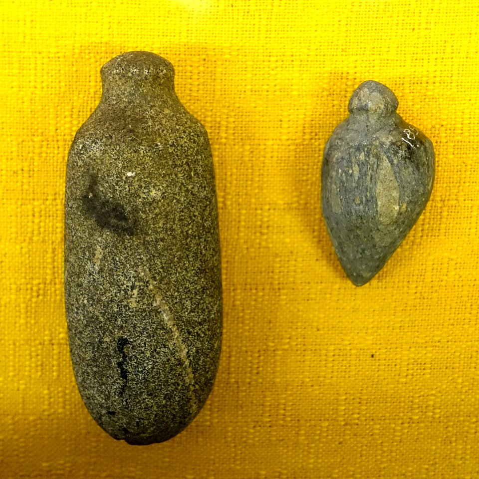 Plummets, Native American, Middle Archaic Period, 8,000 to 6,000 years before present, stone - Old Colony History Museum - Taunton, Massachusetts - DSC03805