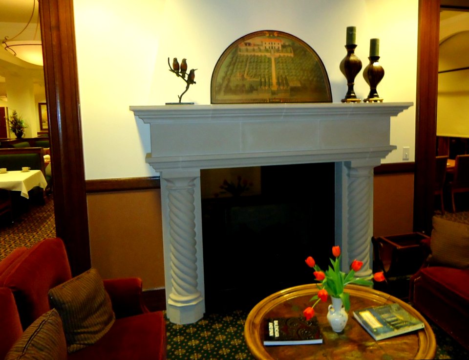 Plush fireplace area in retirement community