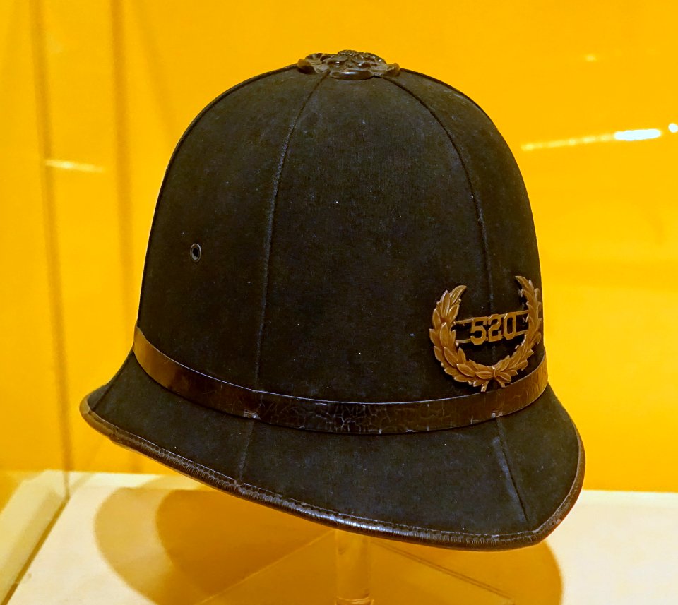 Policeman's helmet, c. 1890, wool felt, cotton, leather, metal - Château Ramezay - Montreal, Canada - DSC07620