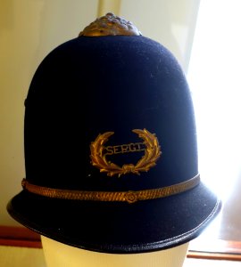 Policeman's helmet, early 1900s, felt, cork, metal - Old Colony History Museum - Taunton, Massachusetts - DSC03889