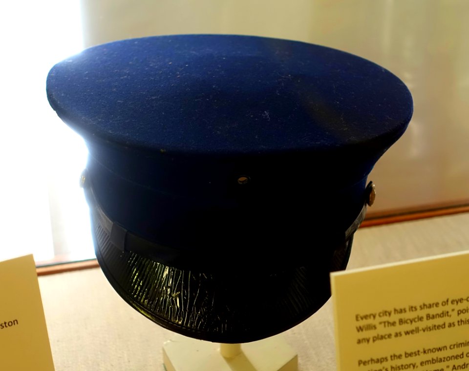 Policeman's flat hat, made by Fred M. Batchelder Co. of Boston and Chicago, c. 1900, wool, leather - Old Colony History Museum - Taunton, Massachusetts - DSC03890