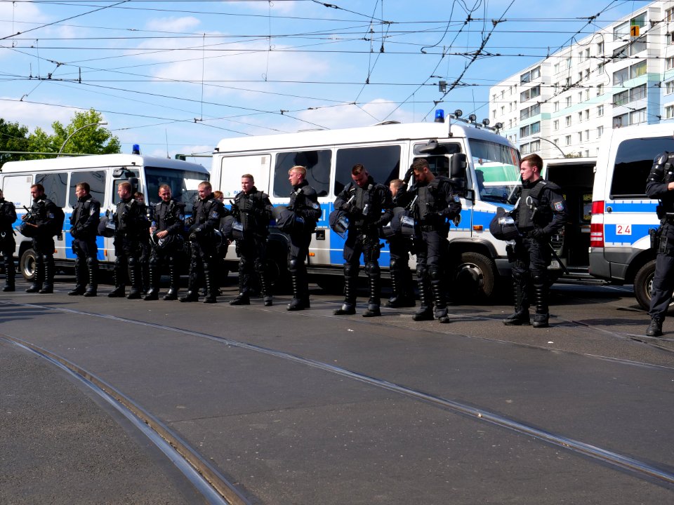 Police at Landsberger Allee-Petersburger Straße in Berlin in front of the "Heß-Marsch" Demonstration