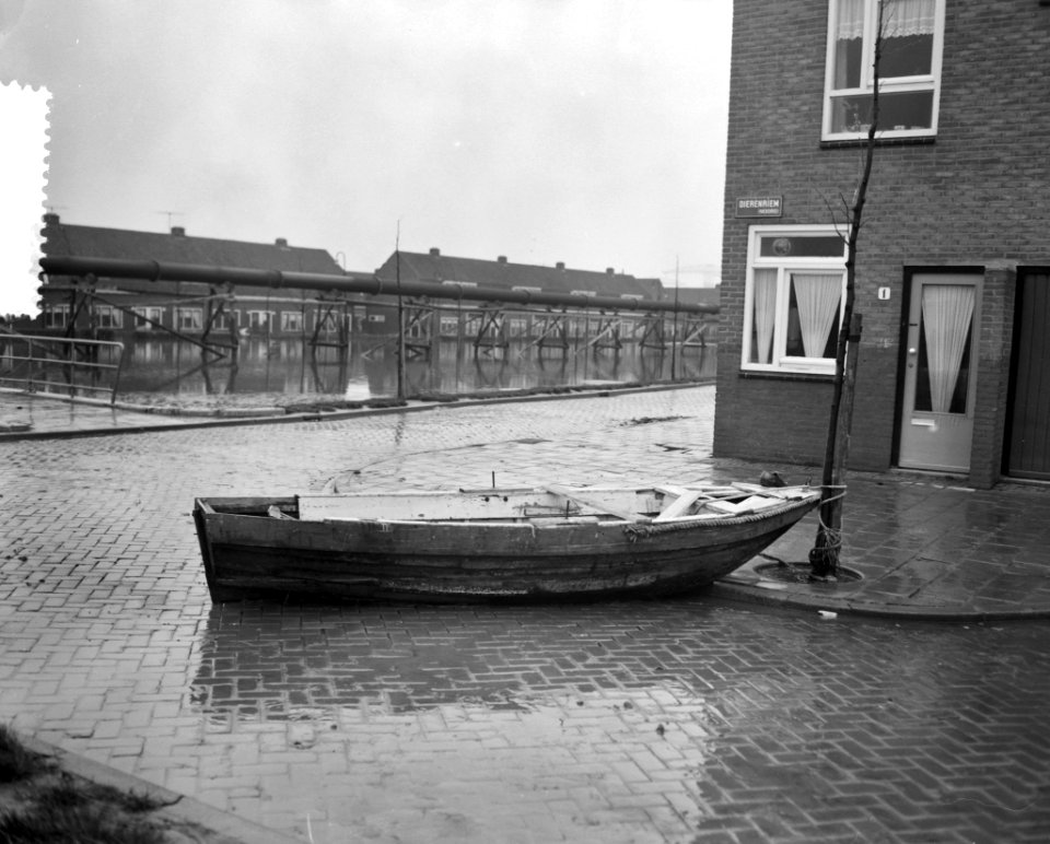 Persrondgang door rampgebied Oostzaan, roeiboot, Bestanddeelnr 910-9626