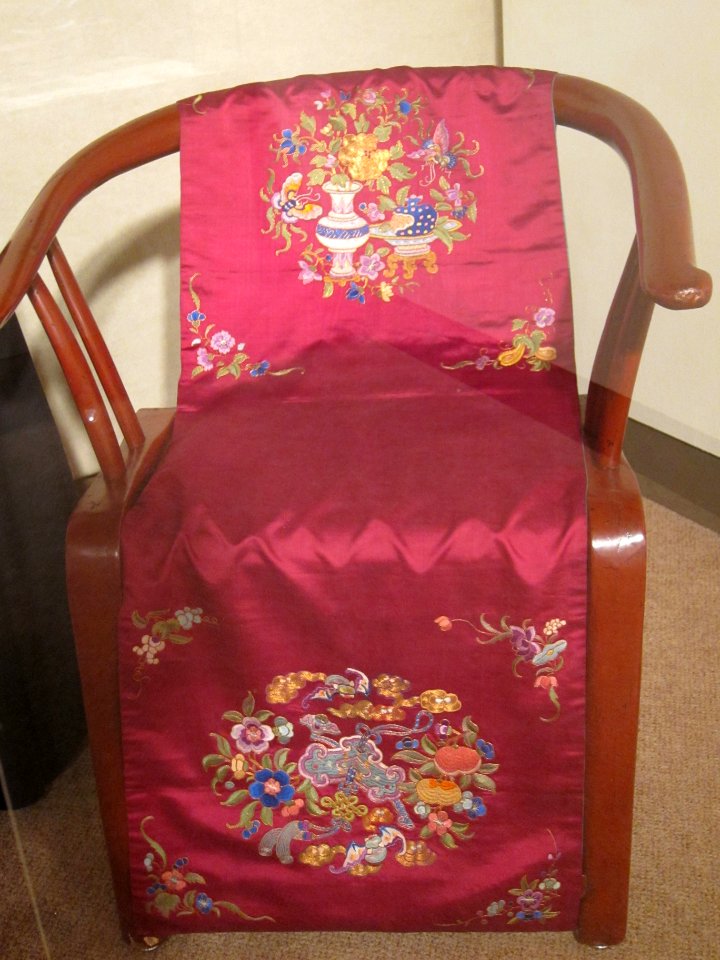 Peranakan chair cover, one of pair, c. 1900, silk, embroidery (couching), Honolulu Museum of Art