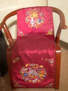 Peranakan chair cover, one of pair, c. 1900, silk, embroidery (couching), Honolulu Museum of Art