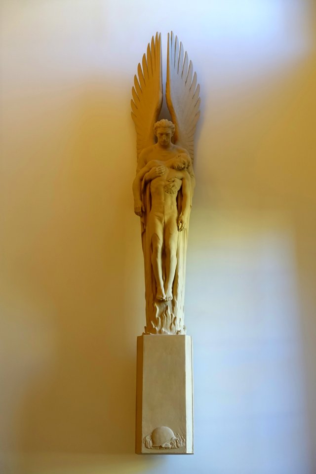 Pennsylvania Railroad War Memorial, one third size maquette, by Walker Hancock, 1949-1952, plaster, view 2 - Cape Ann Museum - Gloucester, MA - DSC01299