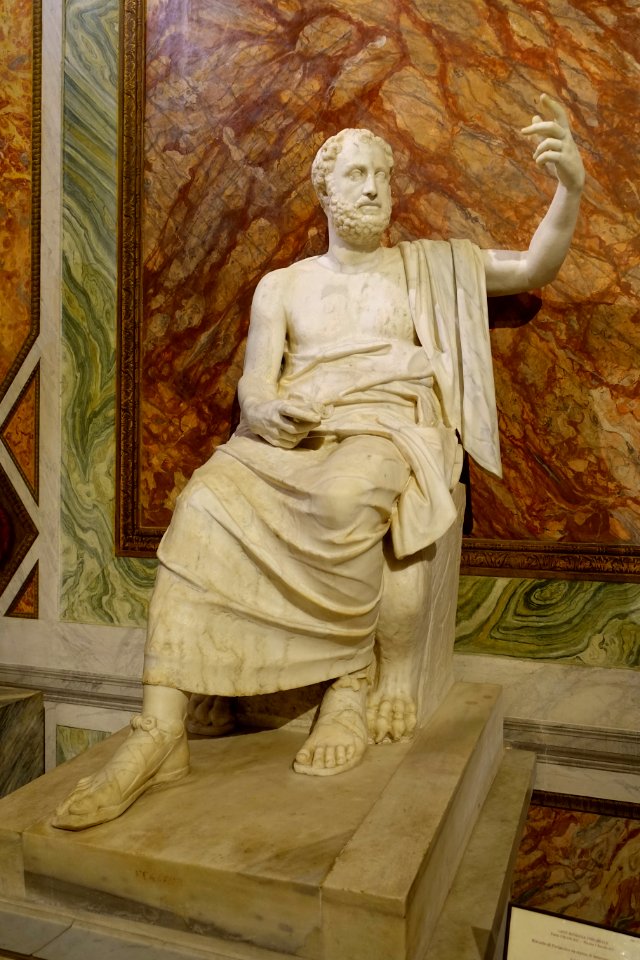 Periander as a Greek scholar, Roman, head 130-140 AD, statue 1st century AD, base 140-150 AD from a sarcophagus with Nereids bearing the arms of Achilles, marble - Galleria Borghese - Rome, Italy - DDSC04883