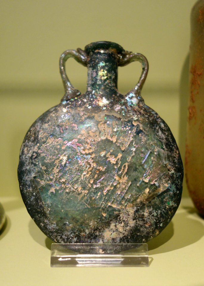 Perfume Bottle, Eastern Mediterranean, 200-300 AD, free-blown glass, tolled, flattened rim, applied handles - Huntington Museum of Art - DSC04830