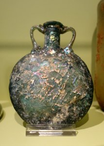 Perfume Bottle, Eastern Mediterranean, 200-300 AD, free-blown glass, tolled, flattened rim, applied handles - Huntington Museum of Art - DSC04830
