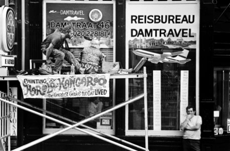 Performance van Harold the Kangeroo Thornton, die een etalage in de Damstraat , Bestanddeelnr 930-9629