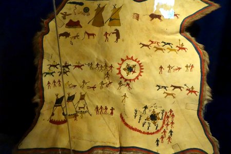 Pictograph robe owned by Wolf Collar, Siksika, late 1800s, moose hide, natural pigments - Glenbow Museum - DSC00971